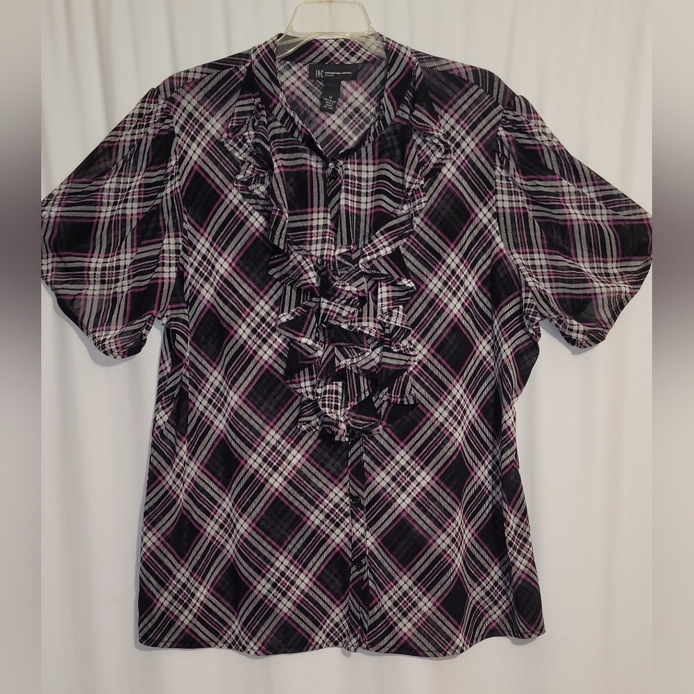 INC International Concepts Purple + Black Plaid Chiffon Ruffle Front Blouse
